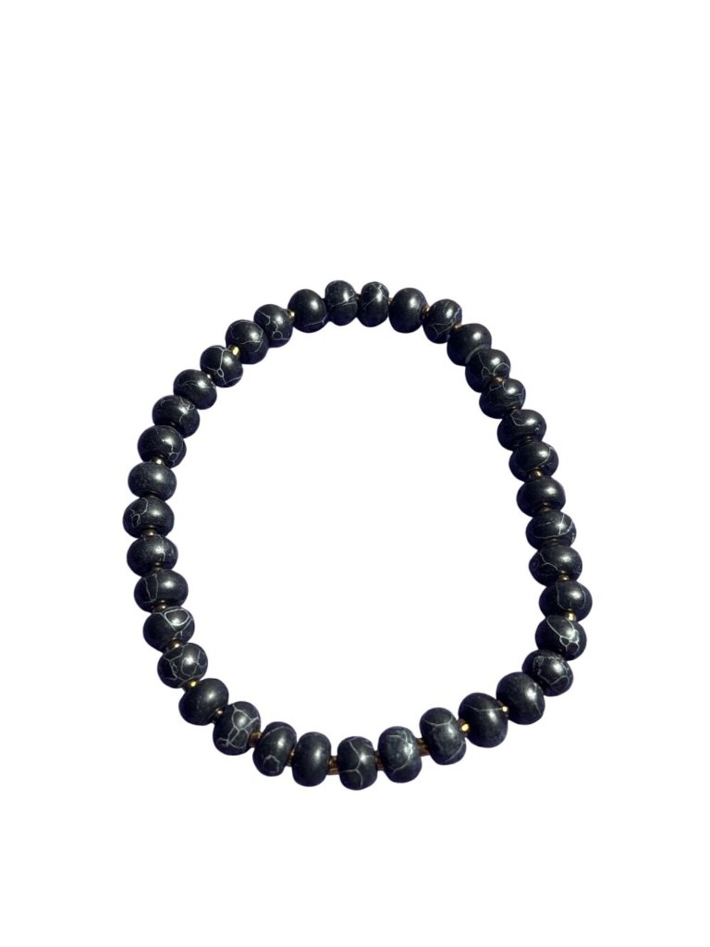 Black Stone Beaded Stretchy Bracelet White Webbing Goldtone Spacer Beads